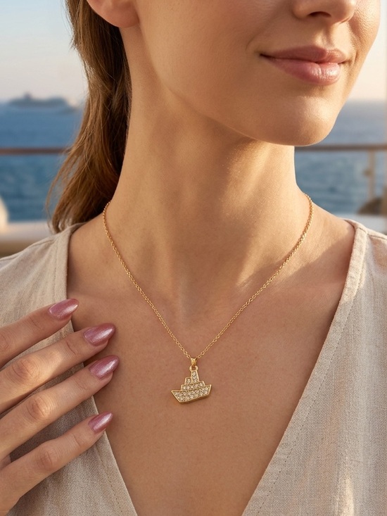 Jewelry - Gold Crystal Boat Pendant Necklace - Women Jewelry